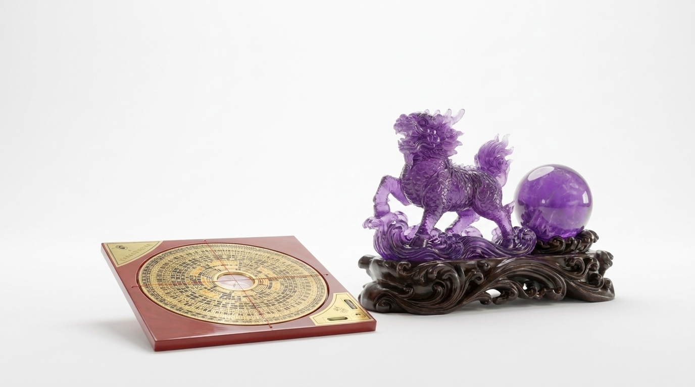 Kompas feng shui dan qilin ametis pada meja kayu