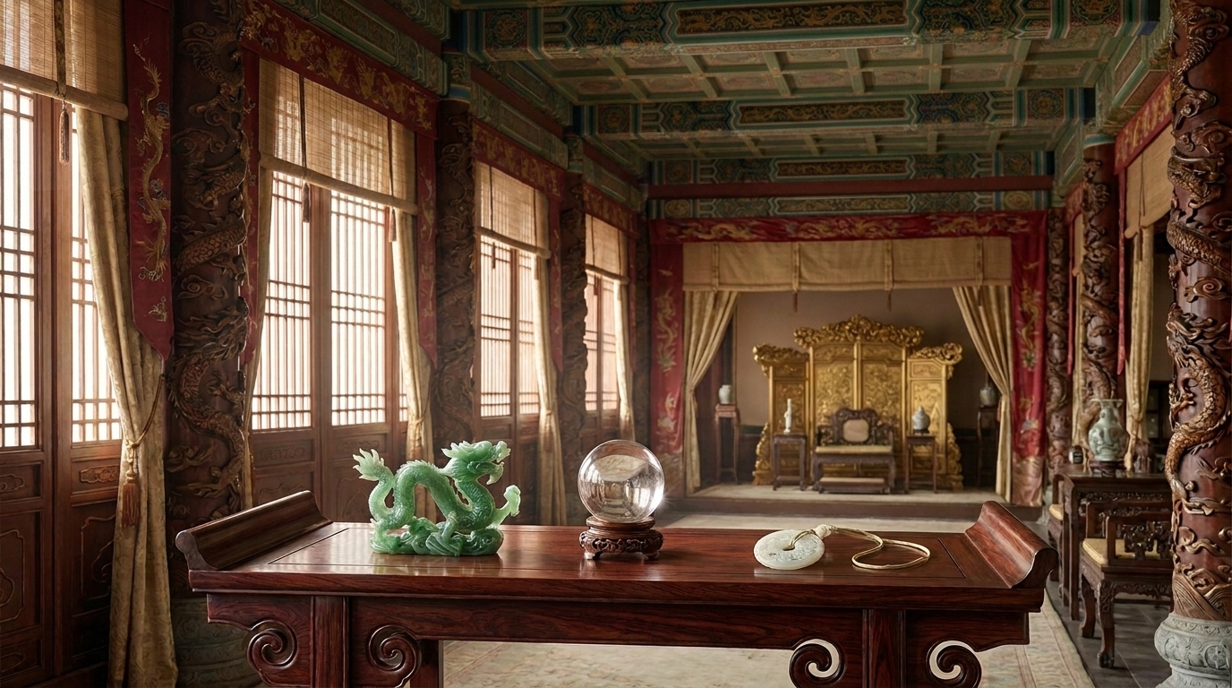 Ruang istana dengan naga giok dan bola kristal di atas meja kayu